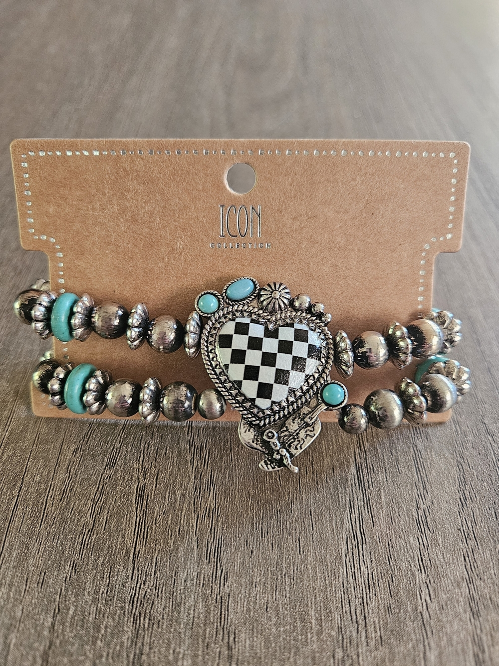 ICON Collection Western Silver & Turquoise Heart Checkerboard Bracelet Set